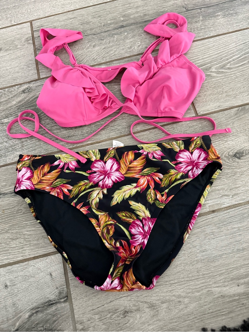 Ruffle Pink Bikini Top with Floral Black Bottoms